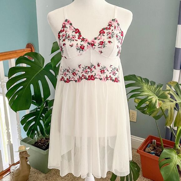 Other - White and pink floral embroidered sheer slip dress size small